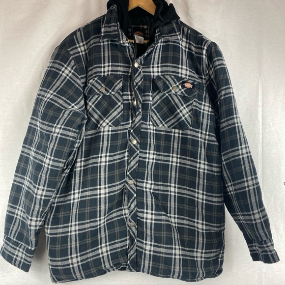 Dickies Jacket Quilt Lined Black Mens Large Cotton Hooded Full Zip Plaid Double - Picture 1 of 8